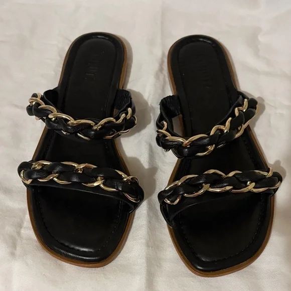 SCHUTZ Black Sandals flats with Gold Chain Detail - Picture 1 of 8
